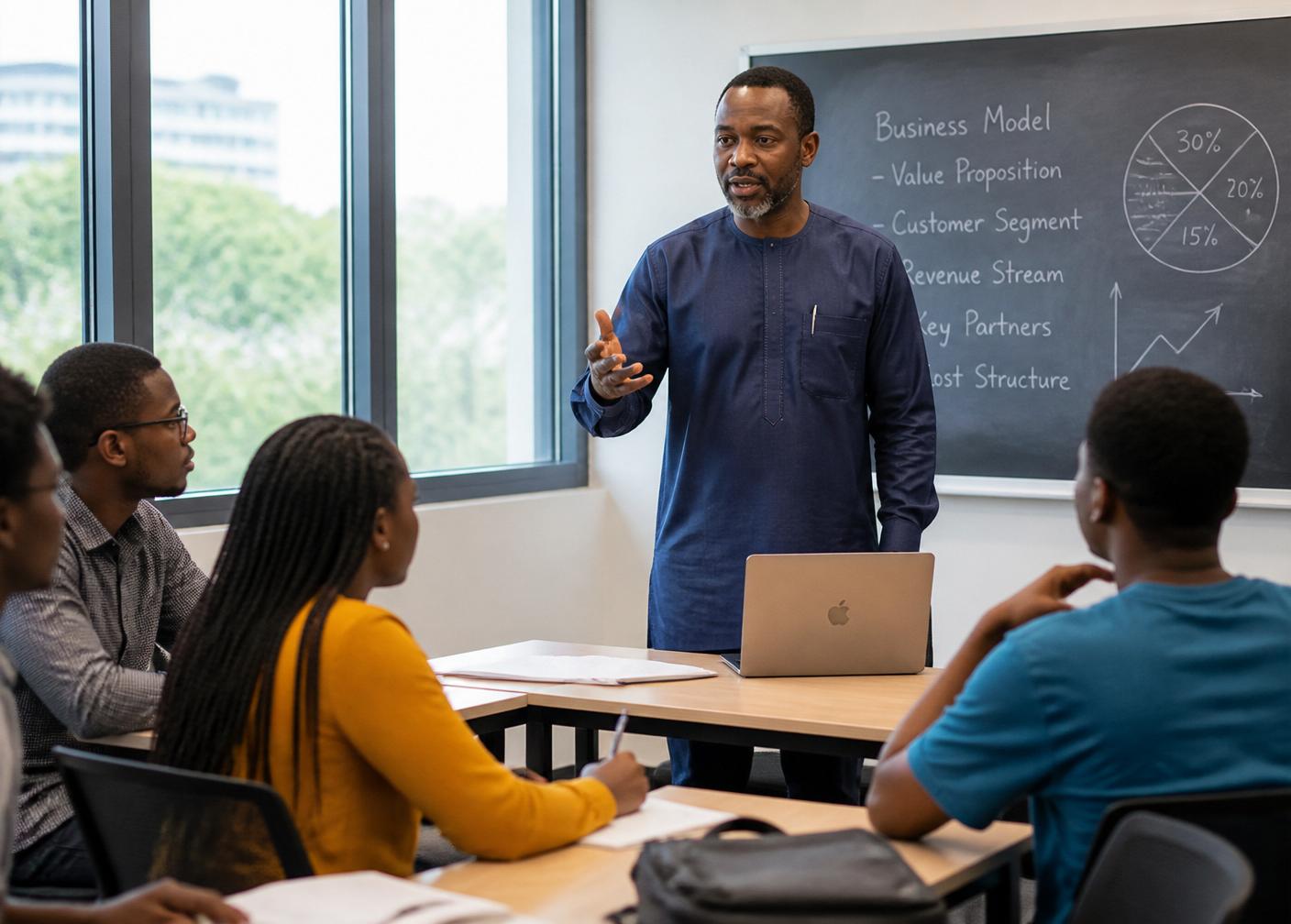 Nigerian lecturer teaching engaged students in a modern classroom