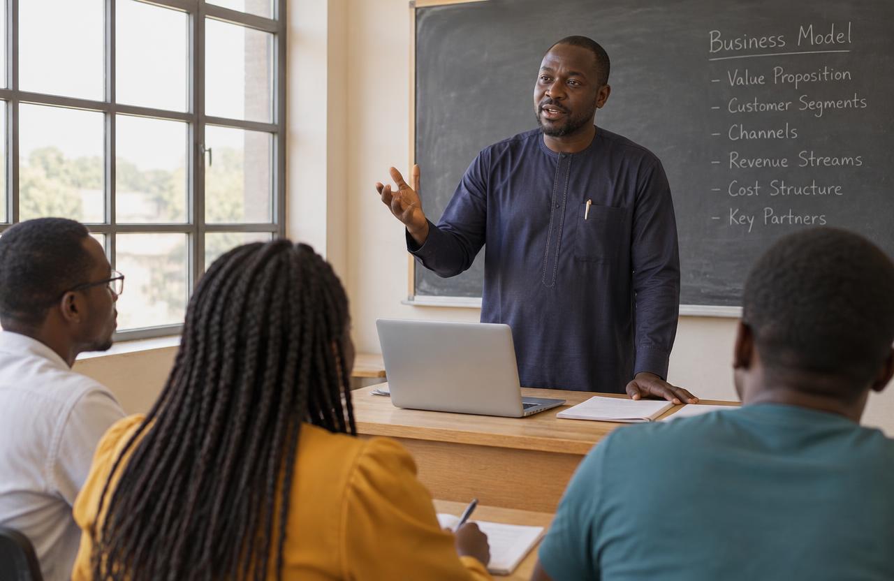 A lecturer explaining a business model canvas to students around a seminar table