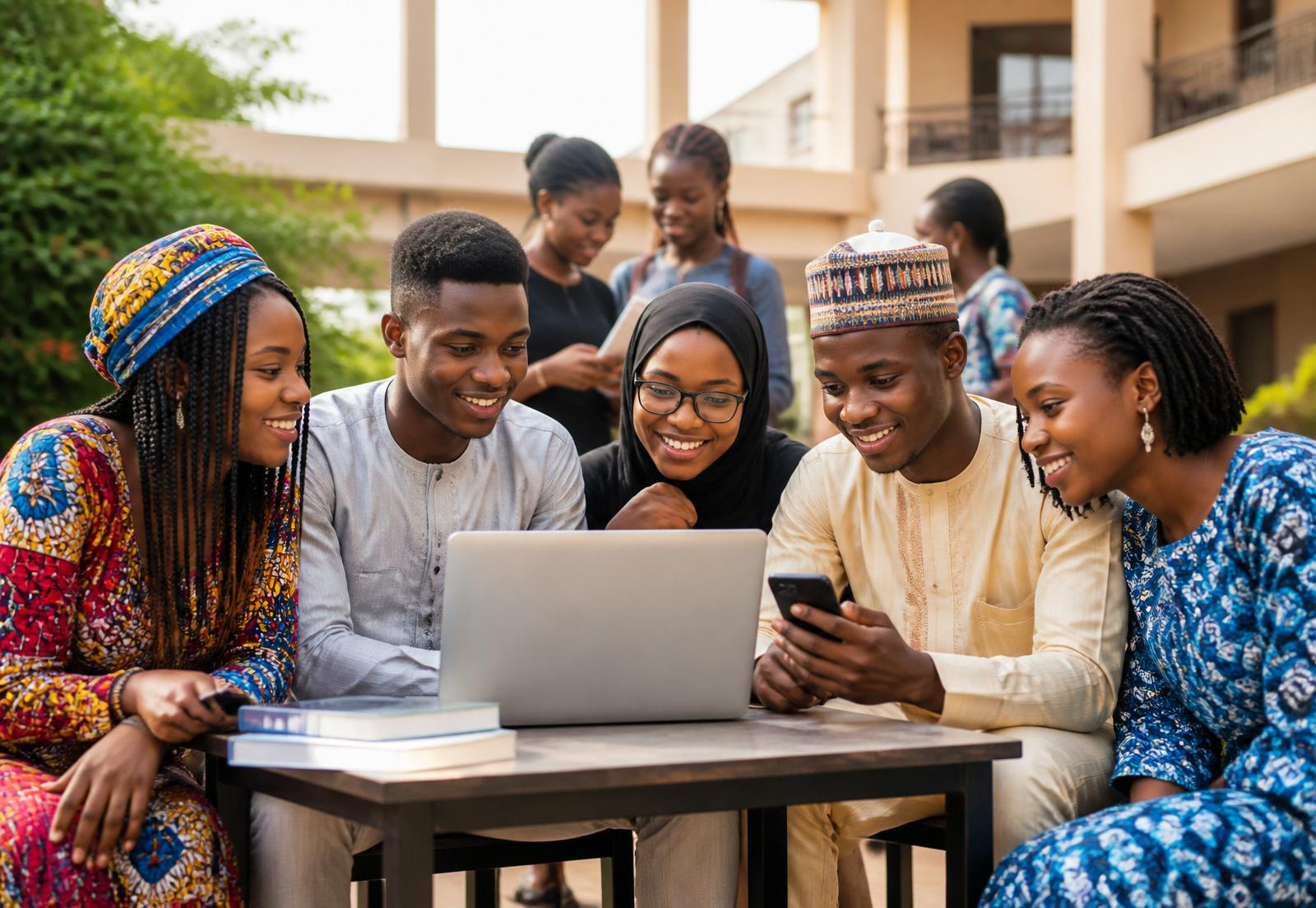 Nigerian university students studying together on campus