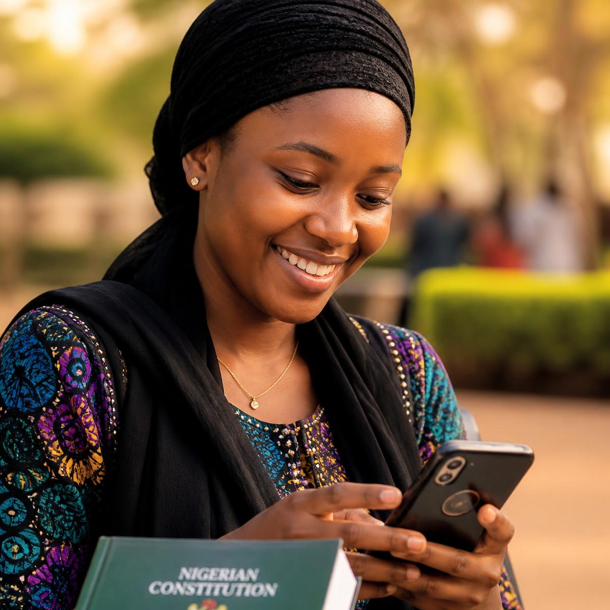 Nigerian student smiling while learning on her smartphone outdoors